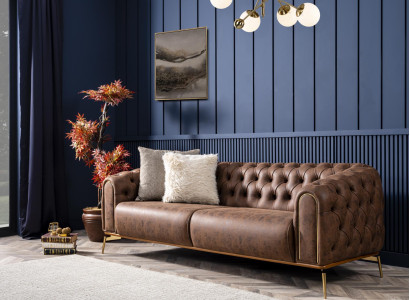 Chesterfield Four Seater Sofa 4 Seater Seat Polyester Brown Imitation leather